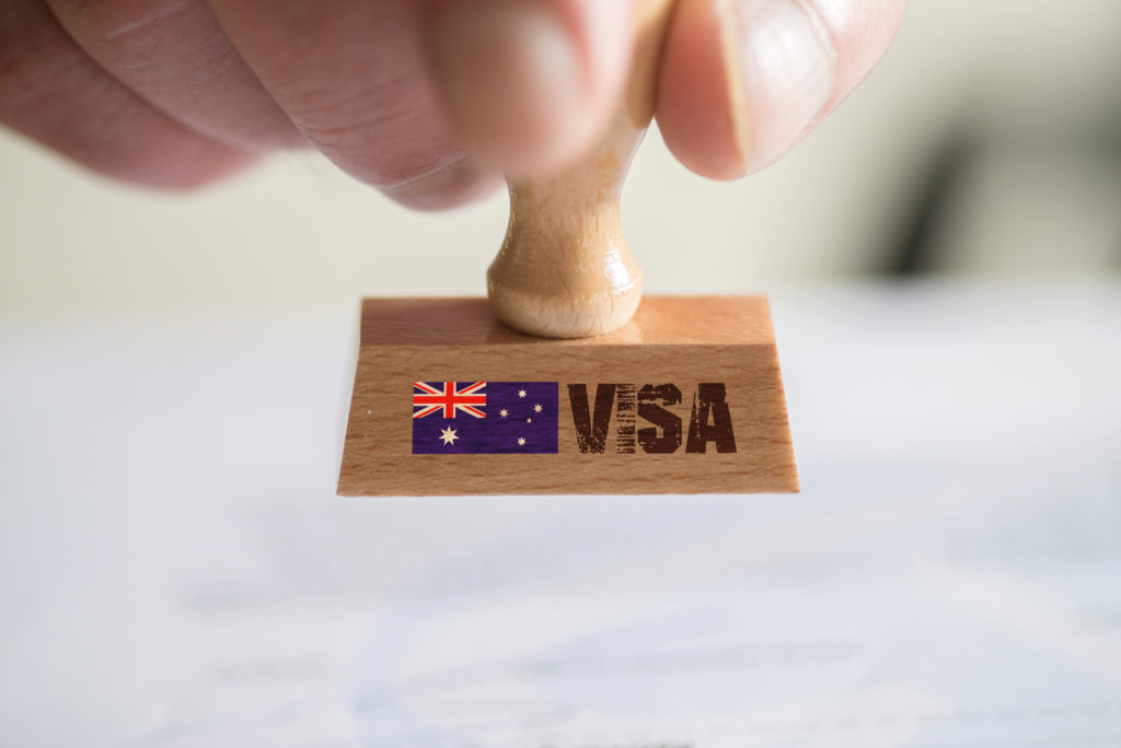 A stamp with the Australian flag on it showing the words VISA